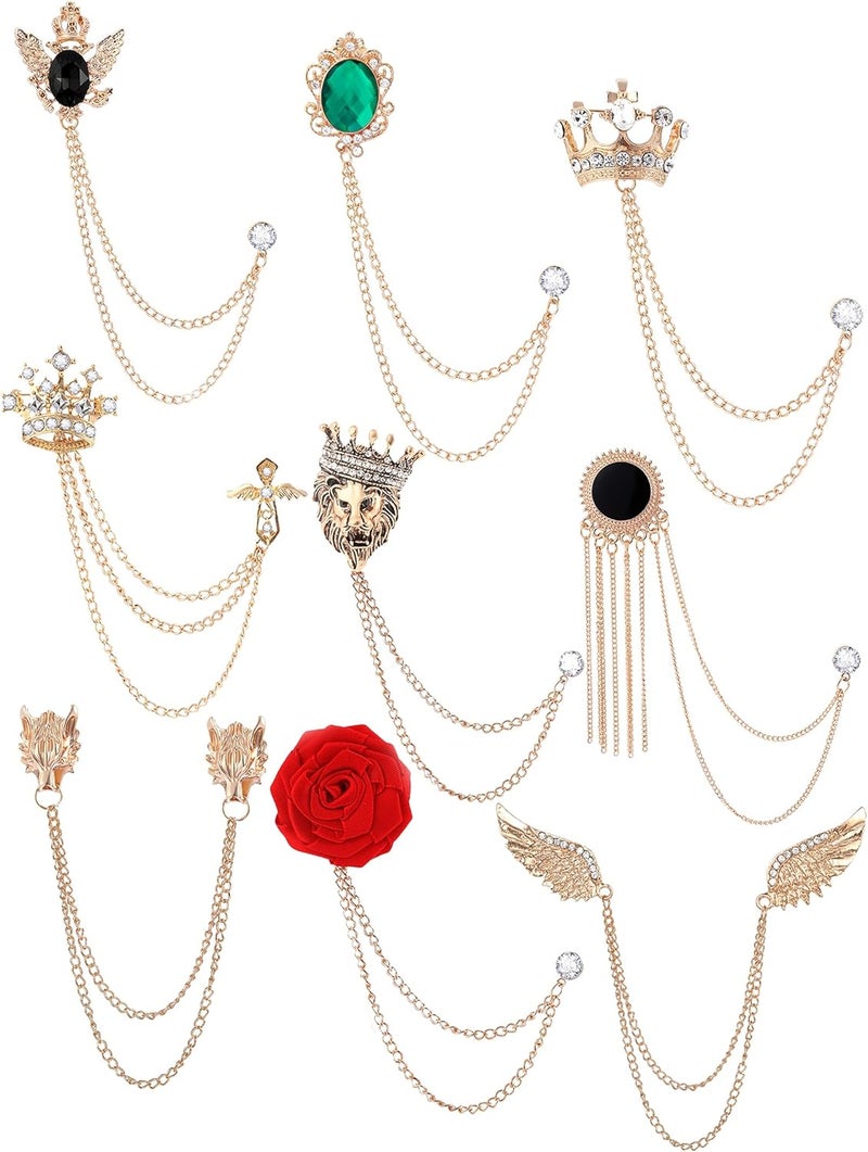 Tornito 9Pcs Tassel Chain Brooch Collar Pins Rose Flower Rhinestone Angel Wings Wolf Head Hanging Chains for Suit Lapel Tuxedo Shirts Tie Hat Scarf Brooch Pin Fashion Jewelry for Men's Accessories - Image 1